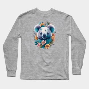 Cute laughing Koala bear with florals and foliage t-shirt design, apparel, mugs, cases, wall art, stickers, travel mug Long Sleeve T-Shirt